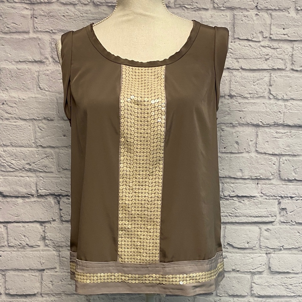 Ann Taylor Loft Satin Brown Sleeveless Top with Cream Sequins Size MP